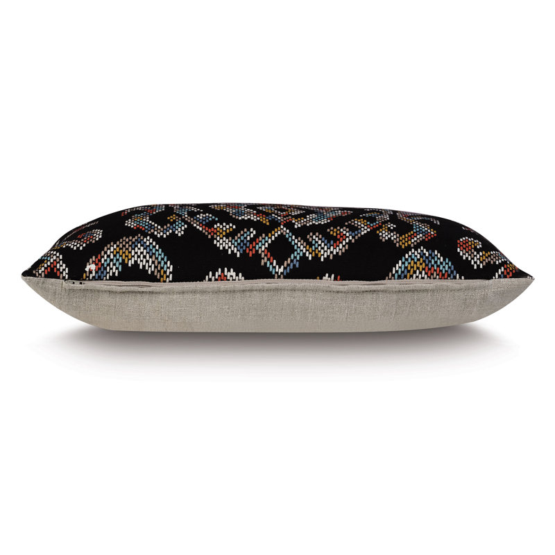 Black Cotton Decorative Pillow with Multicolored Ikat Embroidery, 13" x 22"
