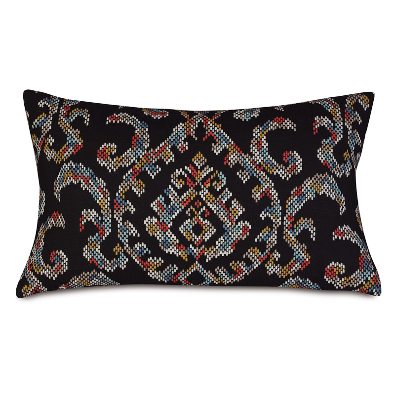 Black Cotton Decorative Pillow with Multicolored Ikat Embroidery, 13" x 22"
