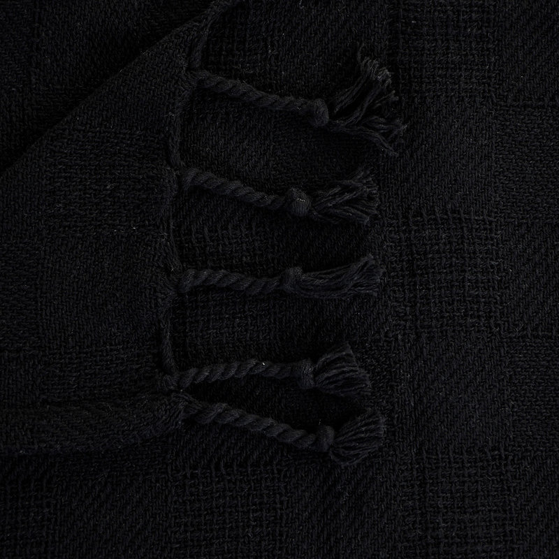 Cozy Cotton Checkered Weave Throw Blanket with Fringe - Black
