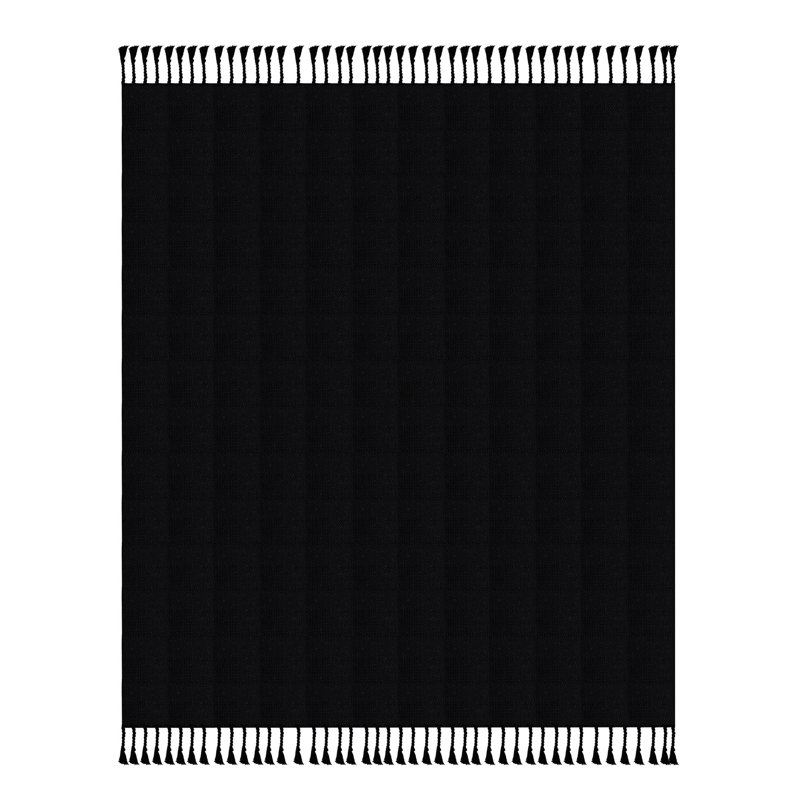 Cozy Cotton Checkered Weave Throw Blanket with Fringe - Black