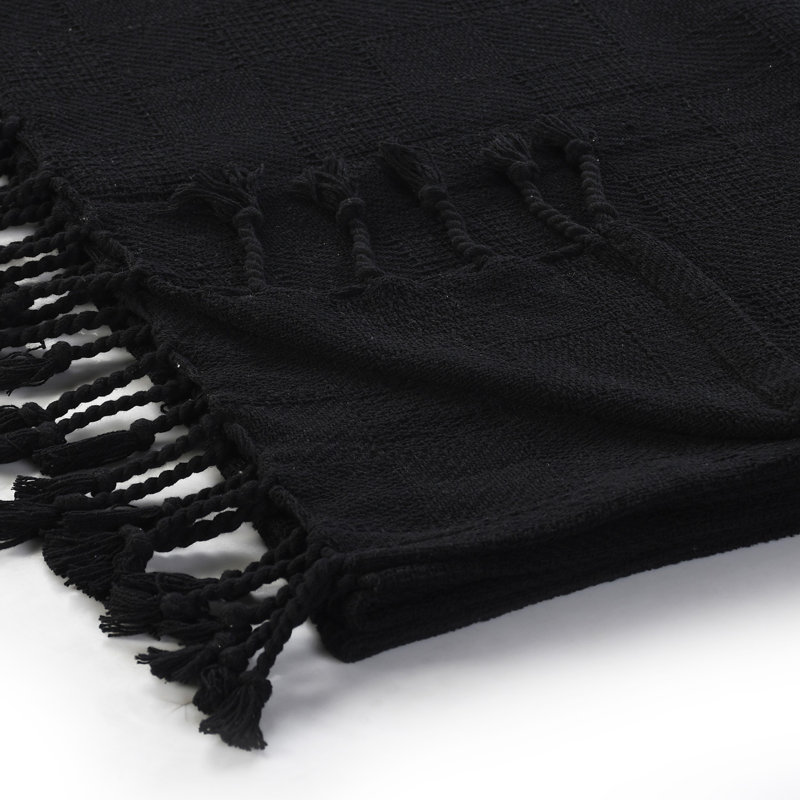 Cozy Cotton Checkered Weave Throw Blanket with Fringe - Black