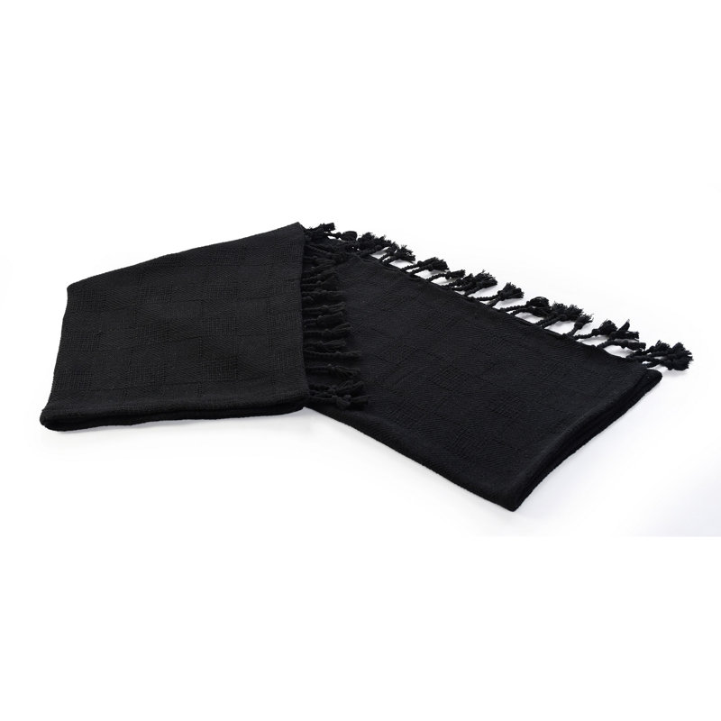 Cozy Cotton Checkered Weave Throw Blanket with Fringe - Black