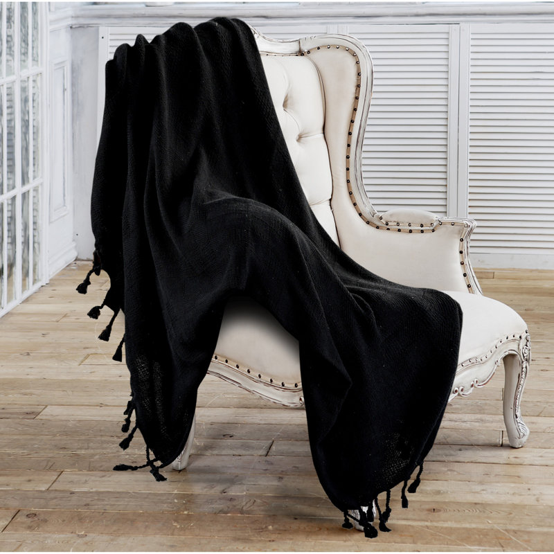 Cozy Cotton Checkered Weave Throw Blanket with Fringe - Black