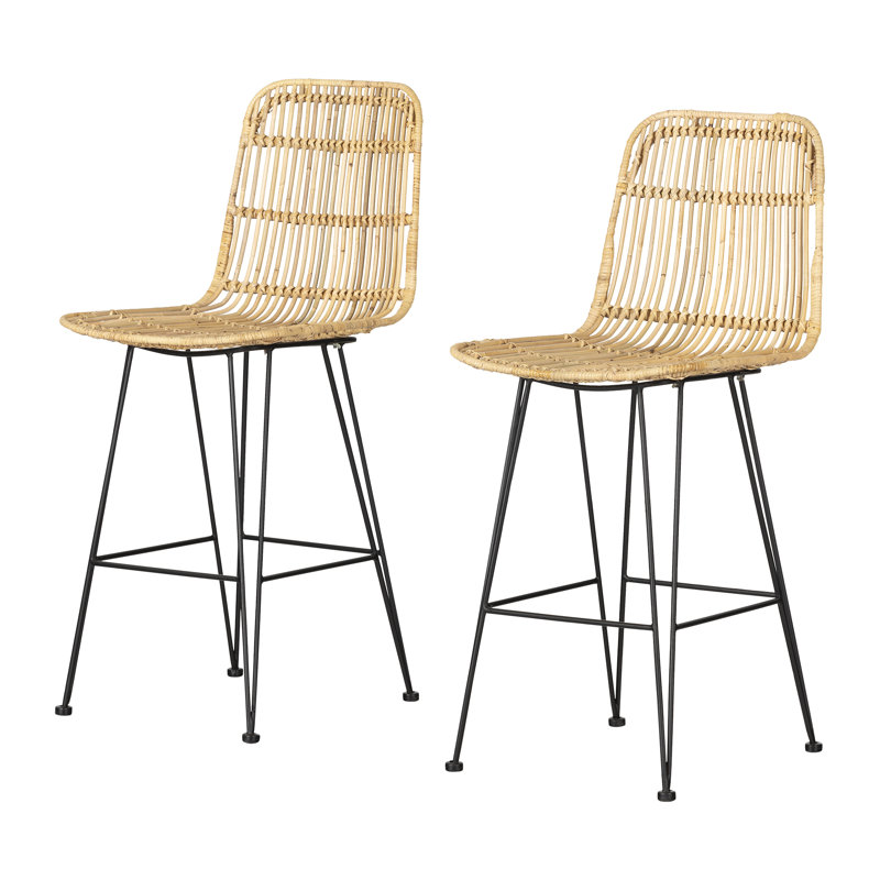 Handmade Rattan and Black Metal Counter Stools, Set of 2