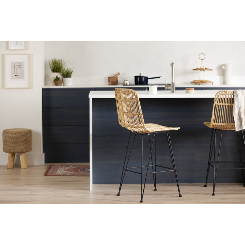 Handmade Rattan and Black Metal Counter Stools, Set of 2