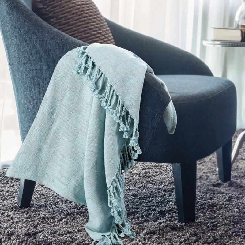 Light Blue Organic Cotton Fringe Throw Blanket 60" x 50"