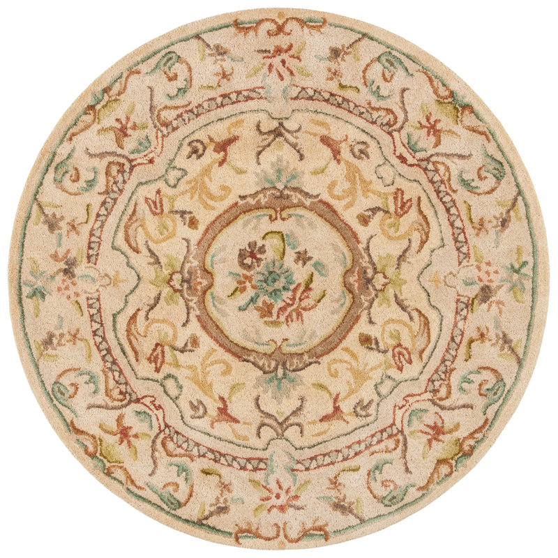 Handmade Tufted Wool Round Rug in Light Gold/Beige, 47"