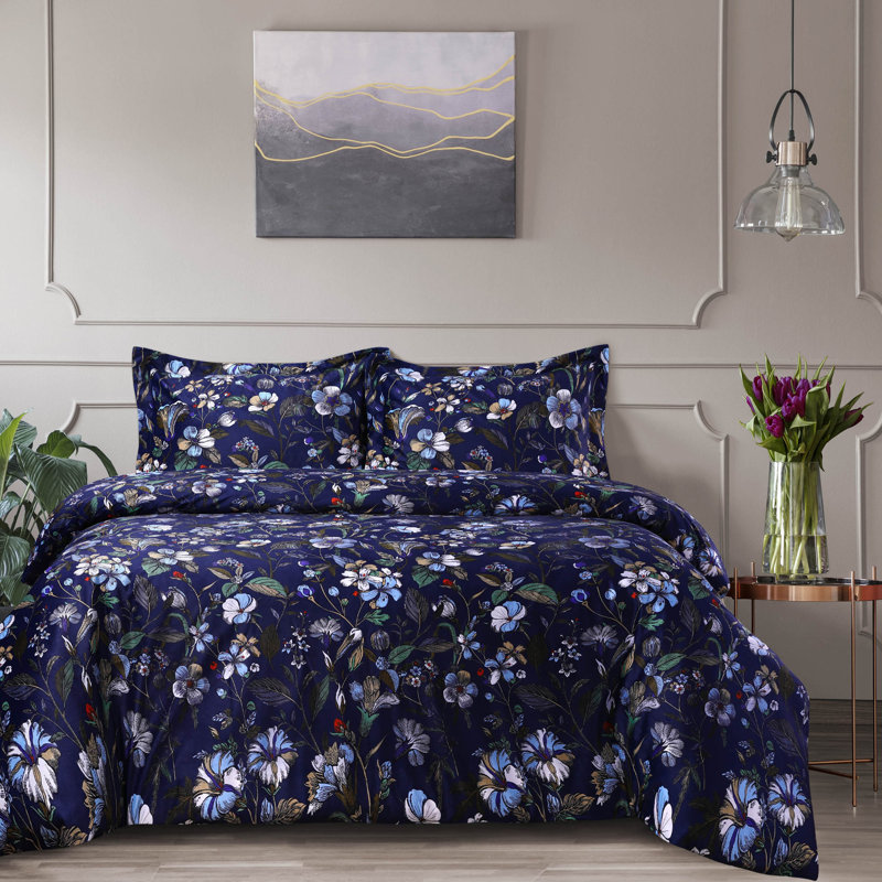 Amara Indigo Twin Velvet Floral Duvet Cover Set