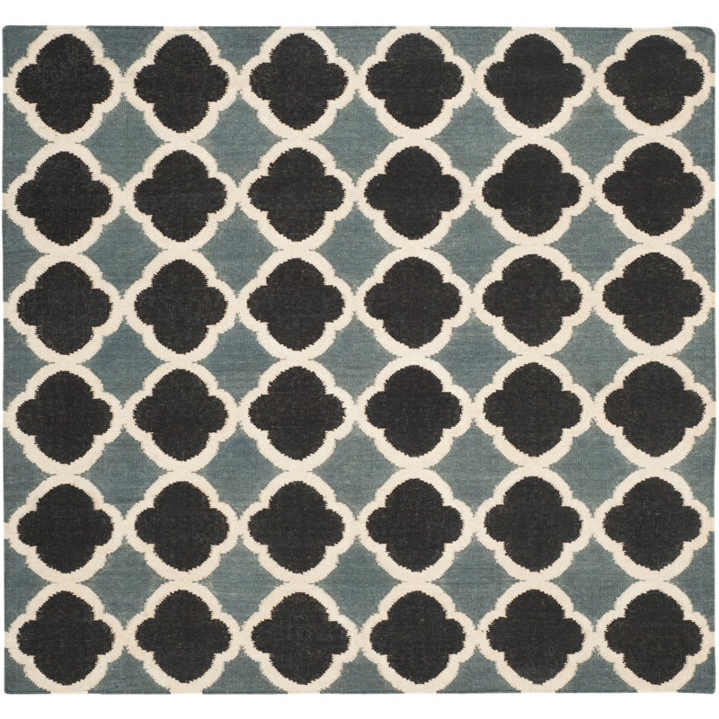 Handwoven Geometric Blue & Navy Wool Square Rug - Easy Care, Reversible