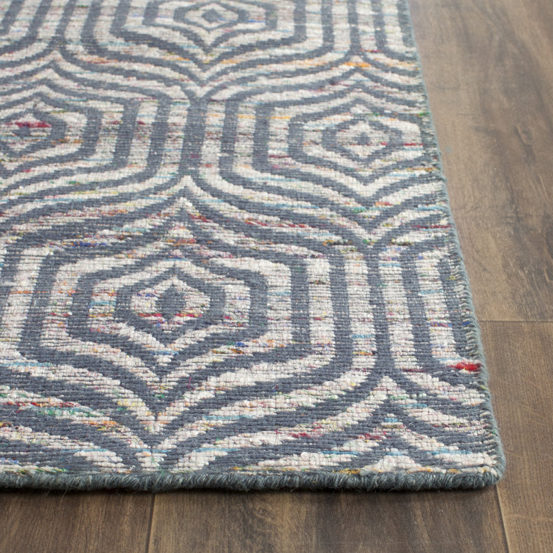 Blue Geometric Flat Woven Wool Cotton Area Rug 6' x 9'