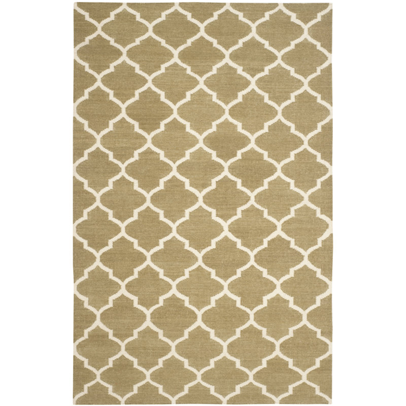 Handwoven Beige Geometric Wool Rug 4' x 6' - Reversible and Flat Woven