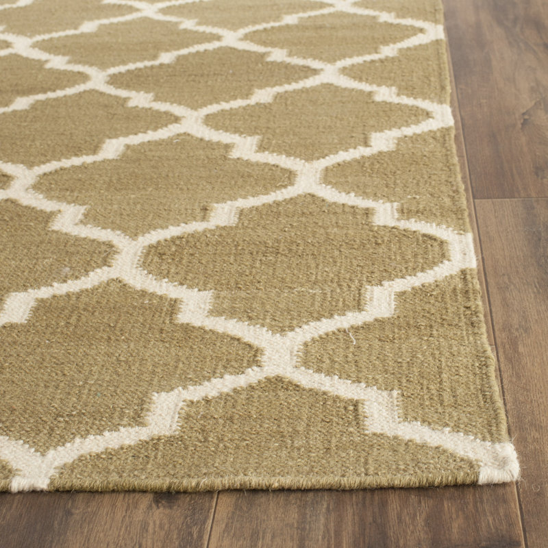 Handwoven Beige Geometric Wool Rug 4' x 6' - Reversible and Flat Woven