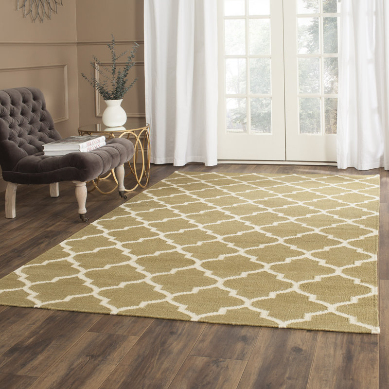 Handwoven Beige Geometric Wool Rug 4' x 6' - Reversible and Flat Woven