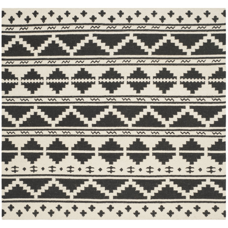Tribal Motif Handmade Black Wool 6' Square Area Rug