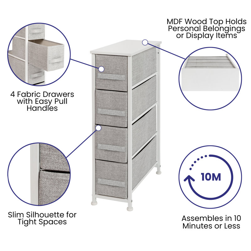 Slimline White Cast Iron Frame Dresser with Light Gray Fabric Drawers