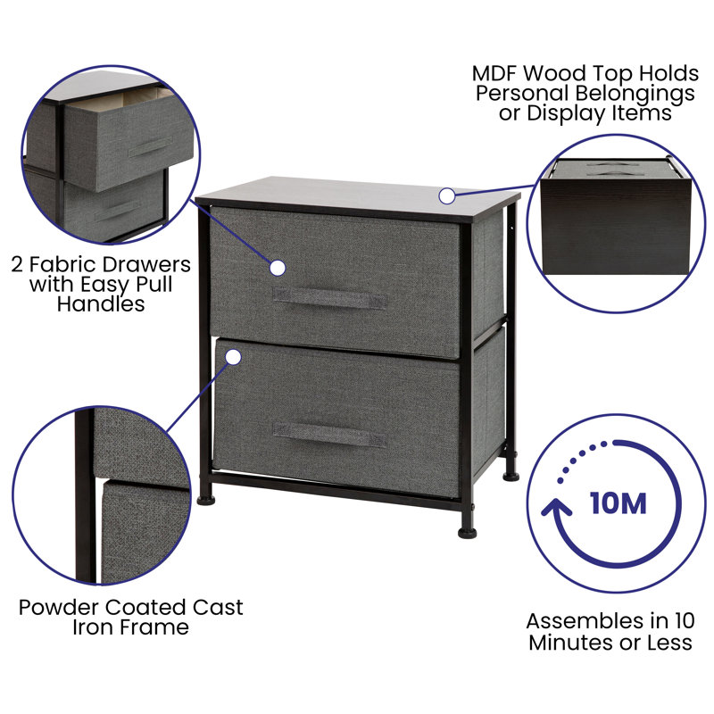Gray and Black 2-Drawer Cast Iron Nightstand
