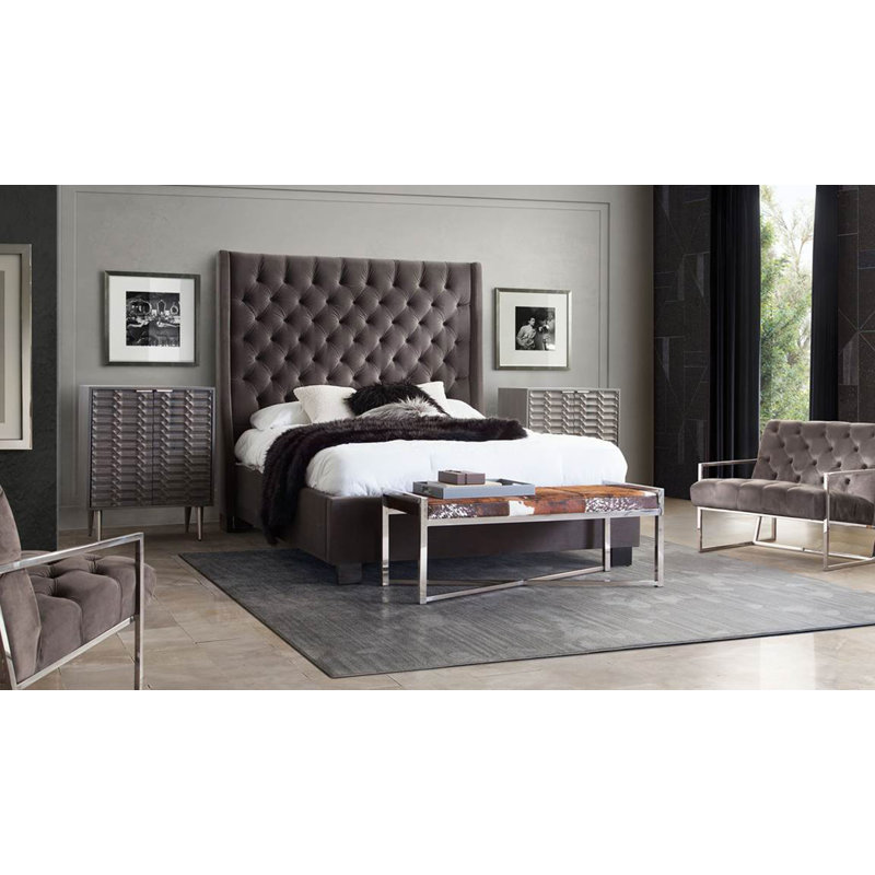 Park Avenue Eastern King Tufted Wingback Bed in Smoke Grey Velvet
