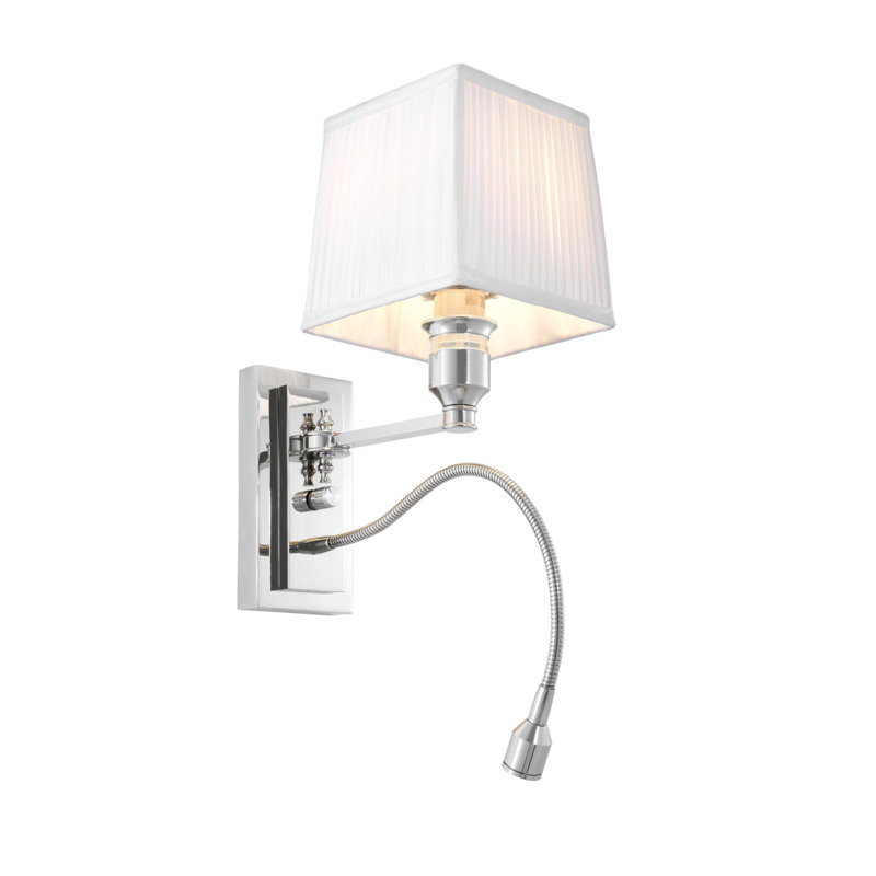 Nickel and White Pleated Shade Wall Sconce with LED Reading Light