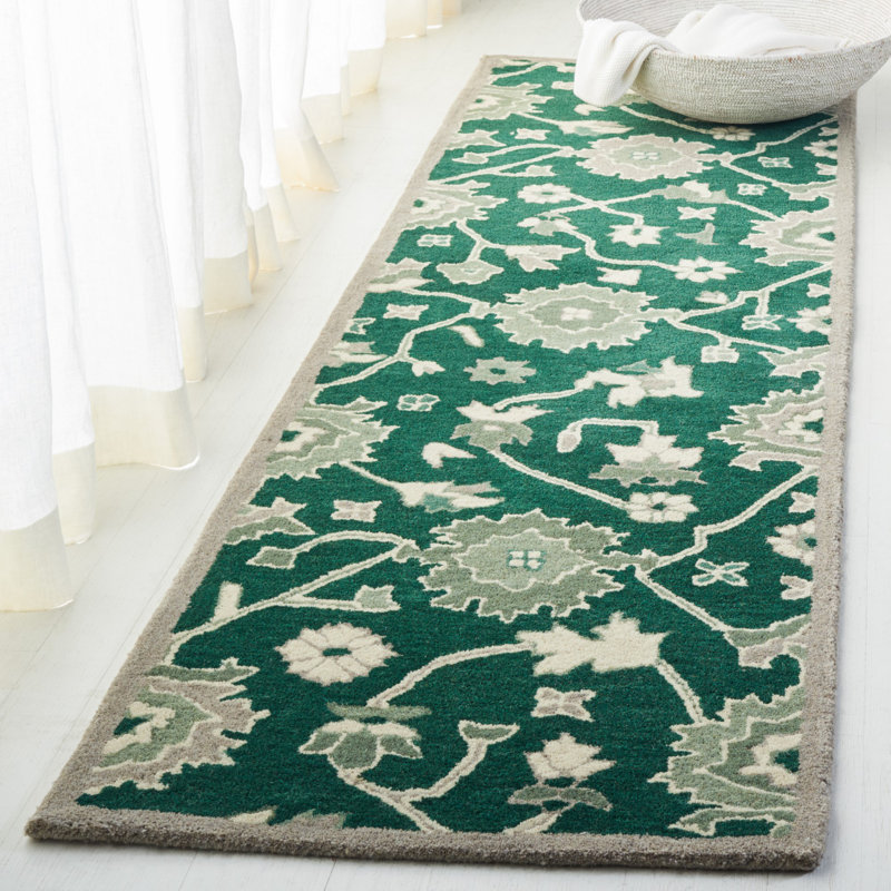 Dark Green Floral Hand-Knotted Wool Runner Rug