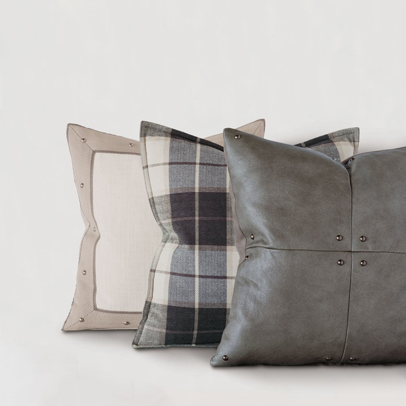 Gray Cowhide Leather Square Throw Pillow with Nailhead Details