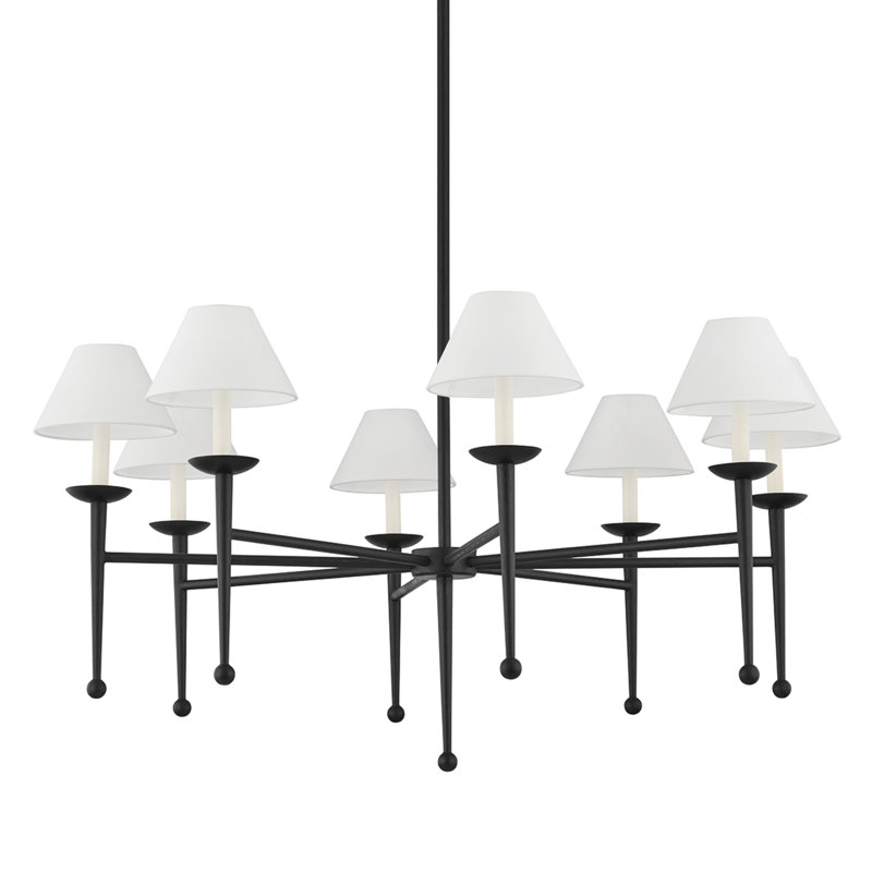 Forged Iron and White Linen 8-Light Chandelier