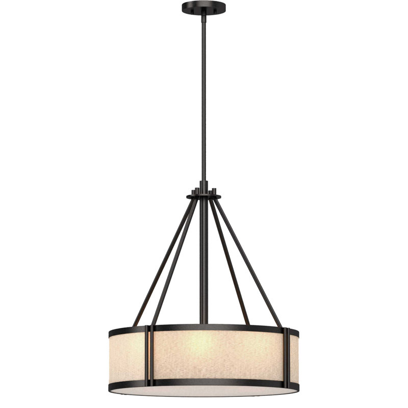 Antique Bronze 4-Light Pendant with Beige Linen Drum Shade