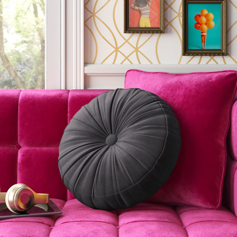 Charcoal Ruched Velvet Round Throw Pillow 16"
