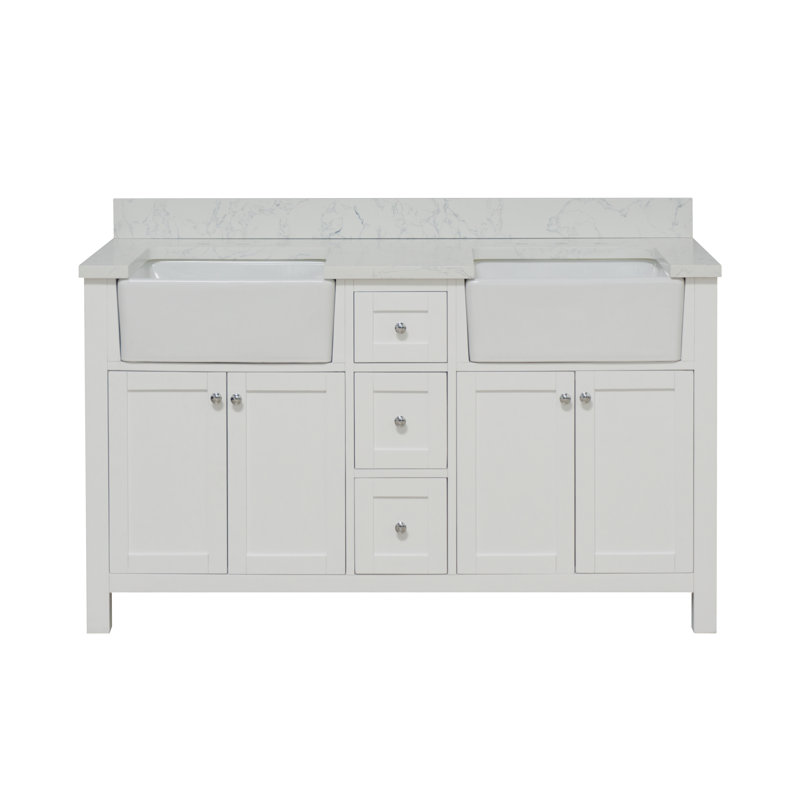 Yorkshire 60'' White Double Farmhouse Bathroom Vanity with Engineered Marble Top
