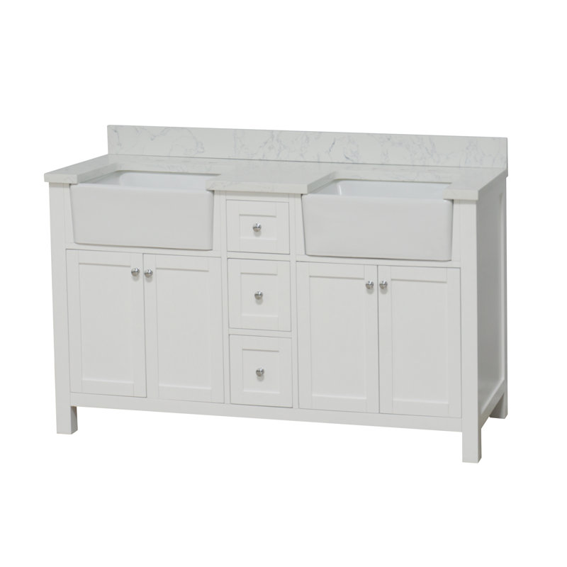 Yorkshire 60'' White Double Farmhouse Bathroom Vanity with Engineered Marble Top