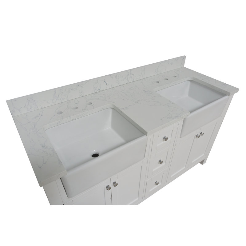Yorkshire 60'' White Double Farmhouse Bathroom Vanity with Engineered Marble Top