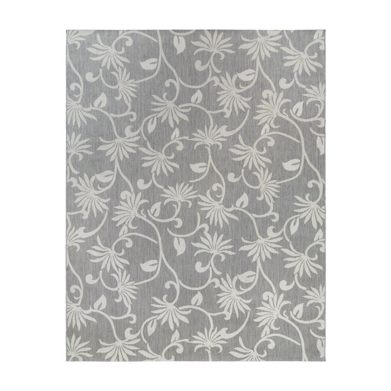 Gray and Ivory Floral Flatweave Indoor/Outdoor Area Rug, 9x13