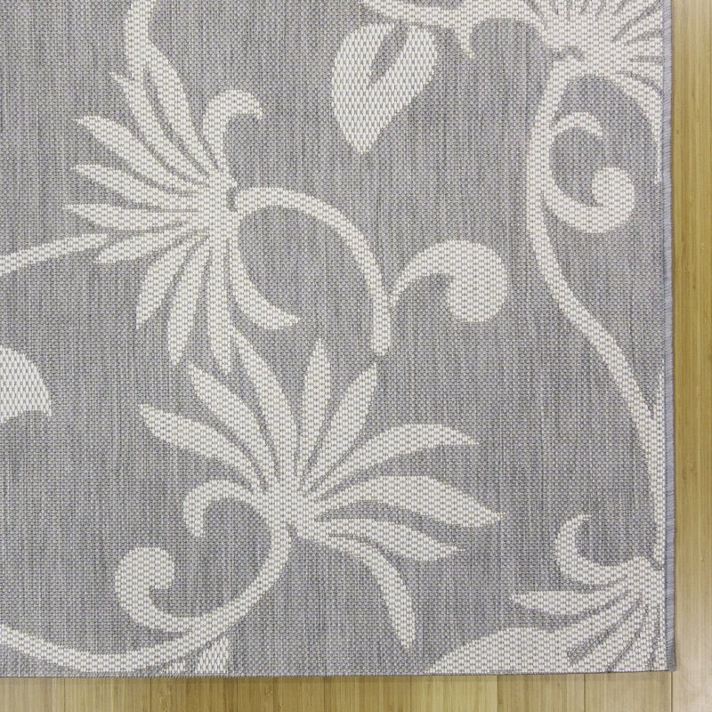 Gray and Ivory Floral Flatweave Indoor/Outdoor Area Rug, 9x13