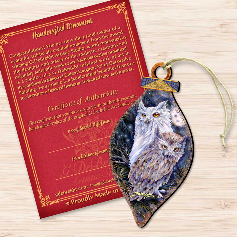 Night Watch Owls Wooden Holiday Ornaments Set of 2