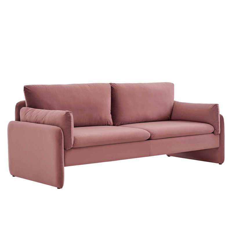 Dusty Rose Velvet Rolled Arm Lounge Sofa with Wood Accents
