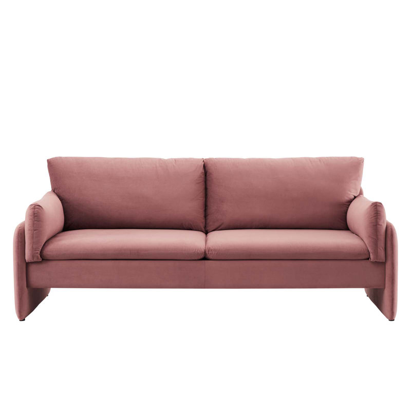 Dusty Rose Velvet Rolled Arm Lounge Sofa with Wood Accents