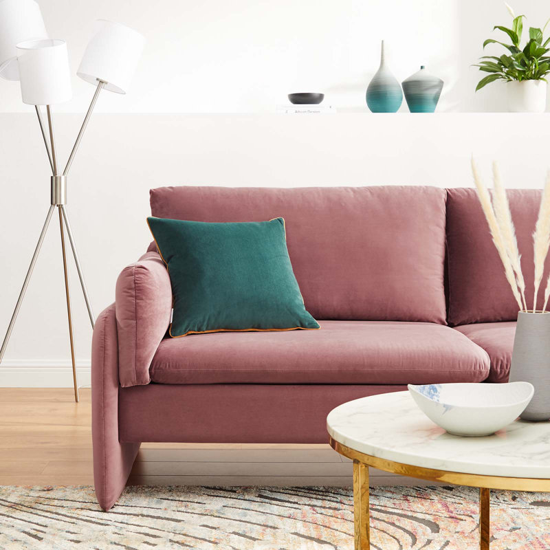 Dusty Rose Velvet Rolled Arm Lounge Sofa with Wood Accents