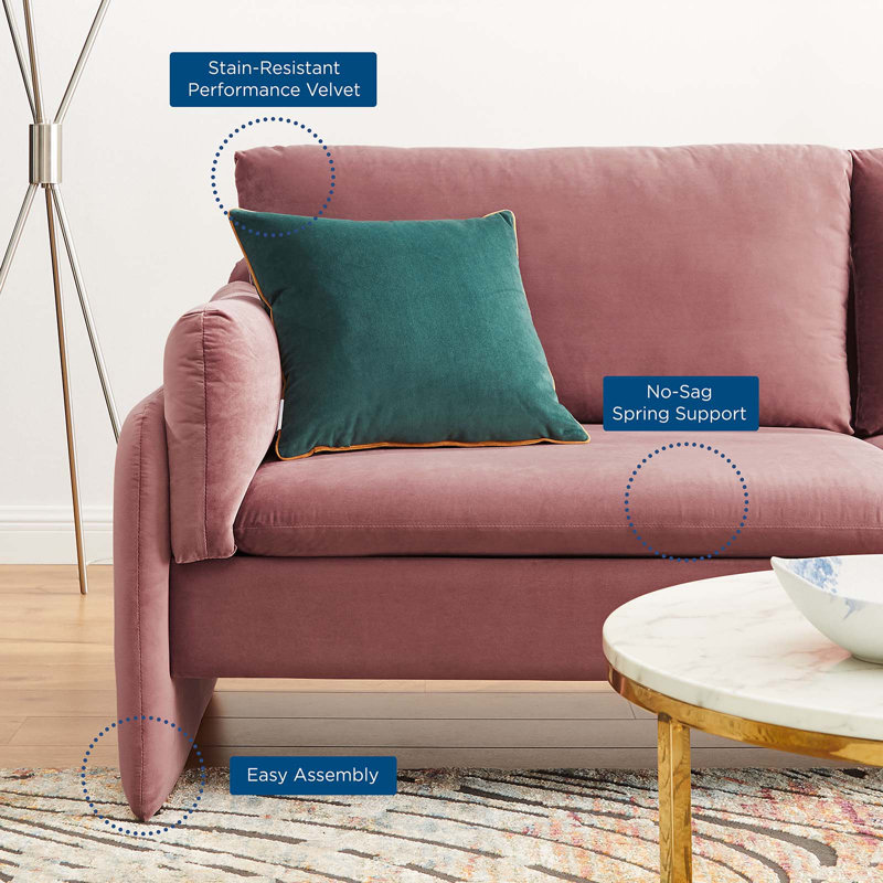 Dusty Rose Velvet Rolled Arm Lounge Sofa with Wood Accents