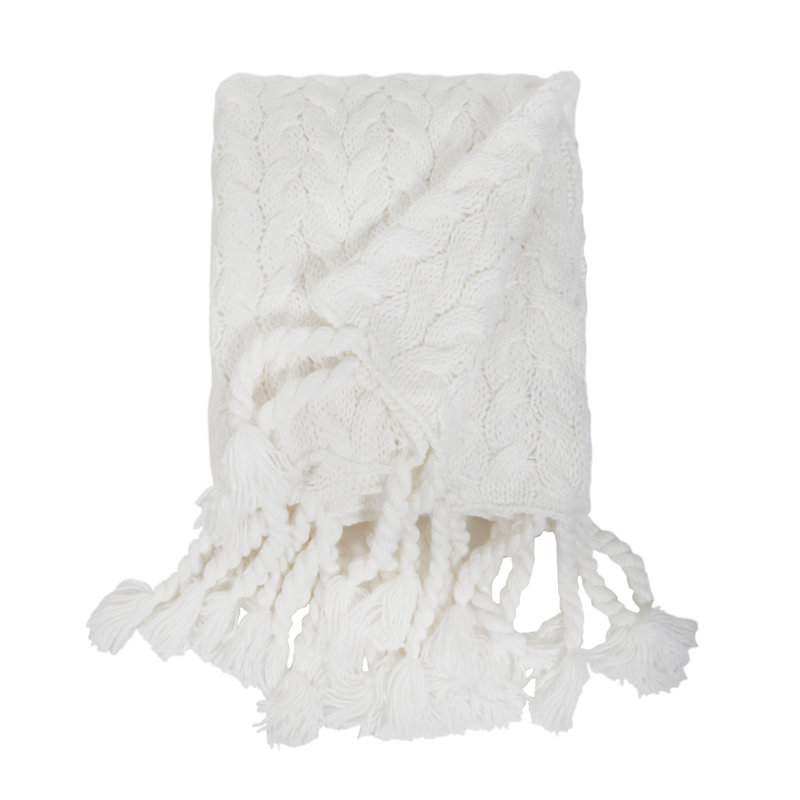 Winter White Knitted Acrylic Throw with Tassels