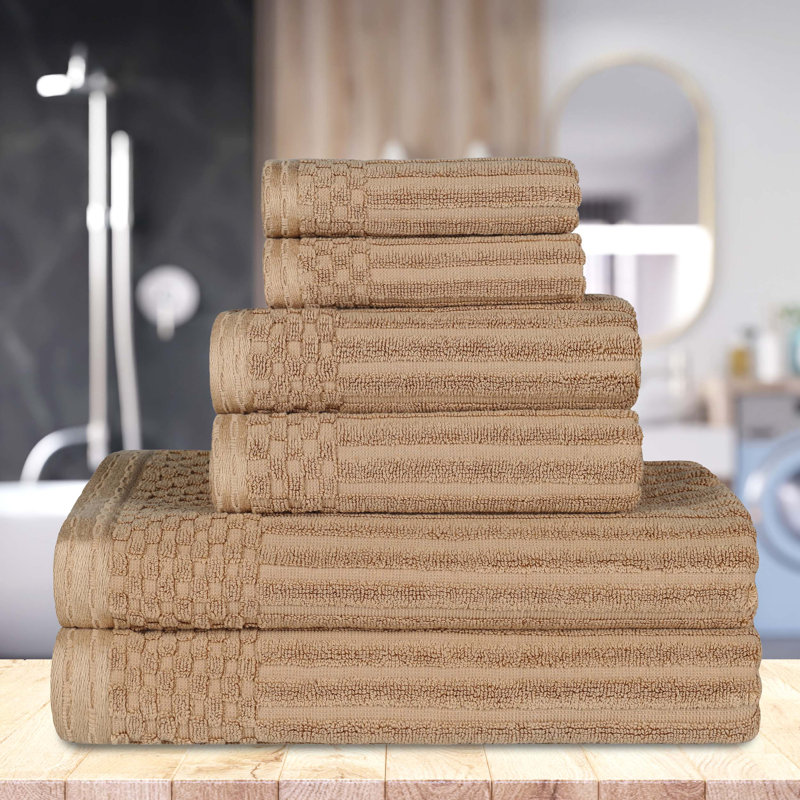 Alon Beige Cotton 6-Piece Checkered Border Towel Set