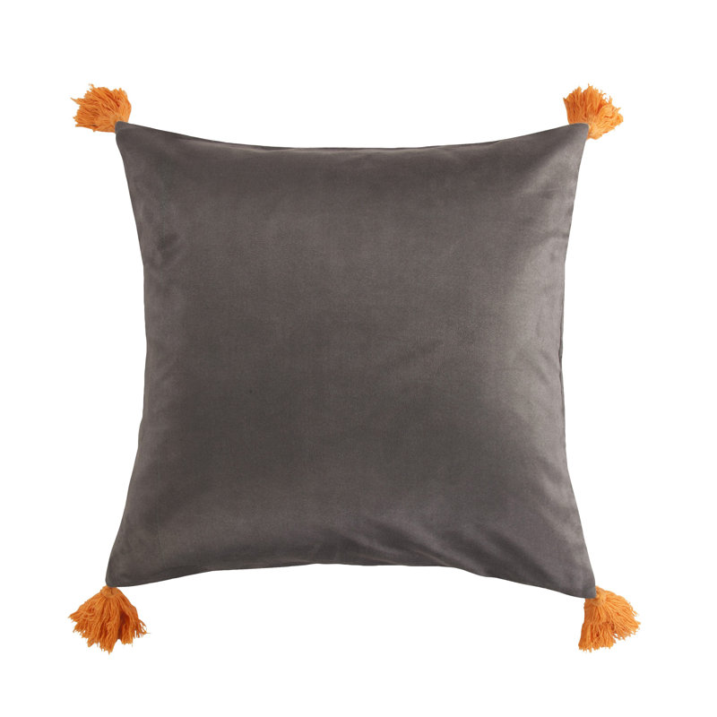 Gray Faux Suede Square Pillow with Orange Tassels