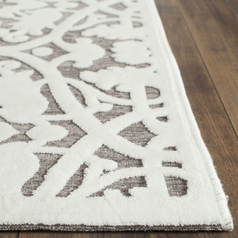 Ivory and Dark Grey Floral Square Wool Rug