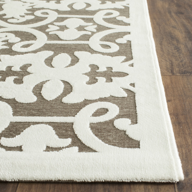 Ivory and Dark Grey Floral Square Wool Rug