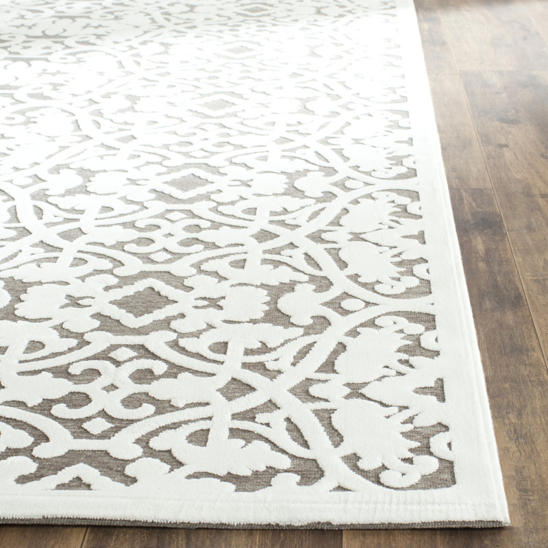 Ivory and Dark Grey Floral Square Wool Rug