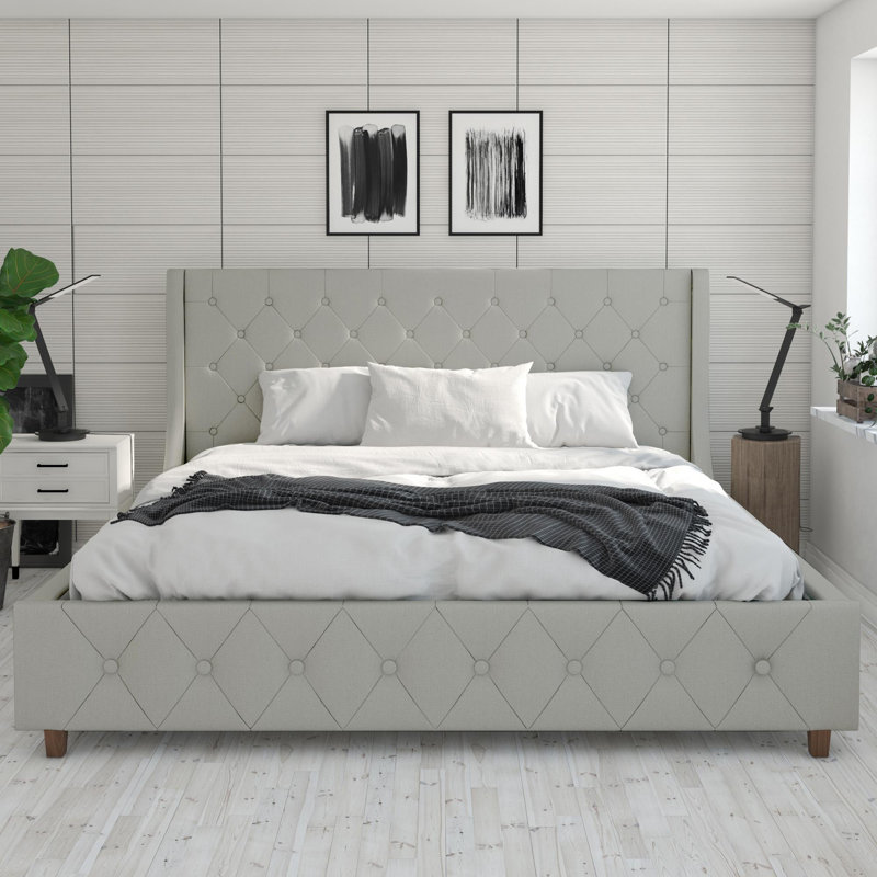 Light Gray Linen Tufted King Upholstered Bed with Metal Frame
