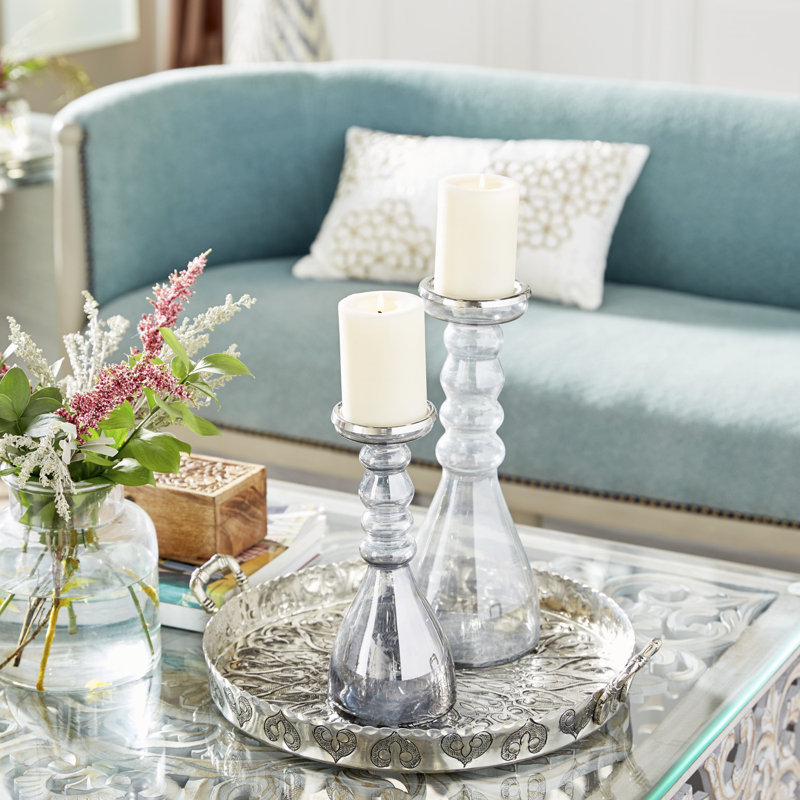 Elegant Gray Glass & Wood Hurricane Candle Holder Set, 14"H