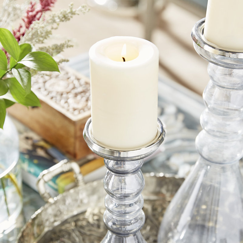 Elegant Gray Glass & Wood Hurricane Candle Holder Set, 14"H