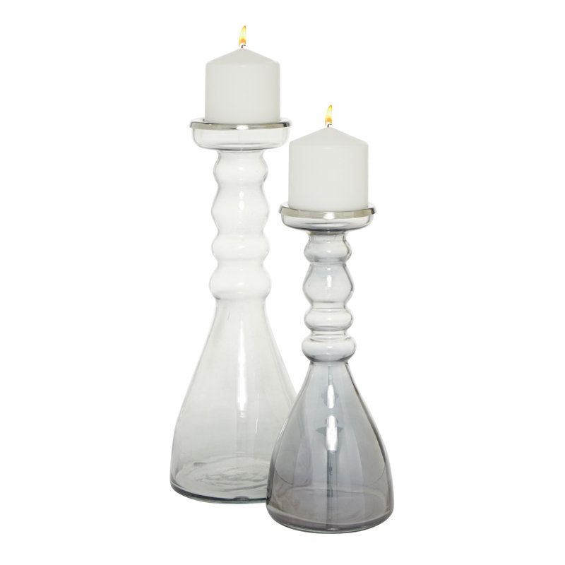 Elegant Gray Glass & Wood Hurricane Candle Holder Set, 14"H