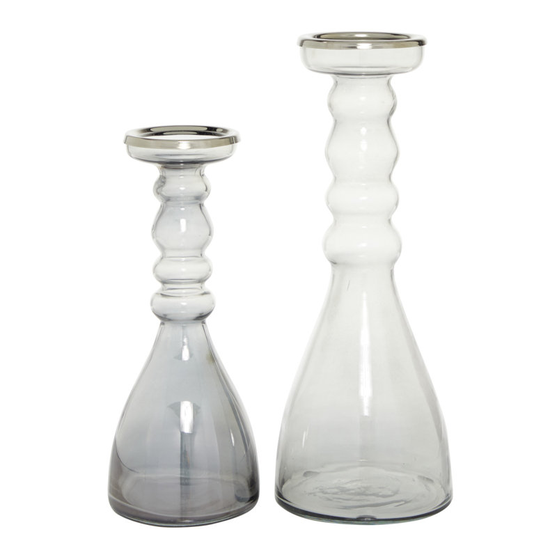 Elegant Gray Glass & Wood Hurricane Candle Holder Set, 14"H