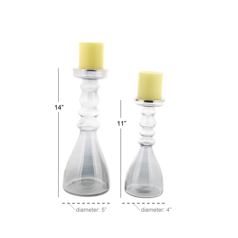 Elegant Gray Glass & Wood Hurricane Candle Holder Set, 14"H