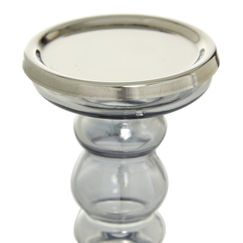 Elegant Gray Glass & Wood Hurricane Candle Holder Set, 14"H
